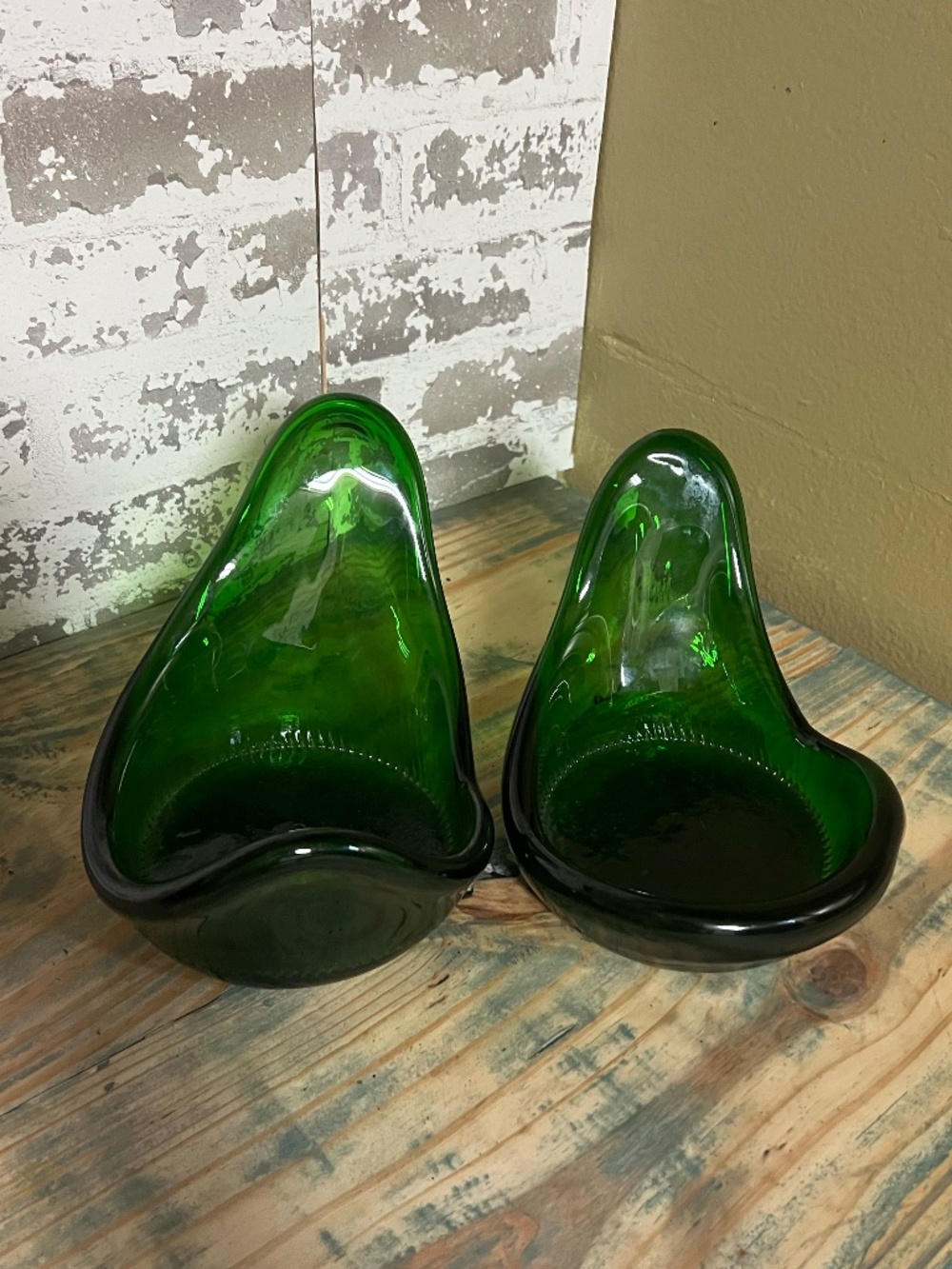 Set Of 2 Pressed Glass Bottle Sculpture ashtray, a catchall trinket dish